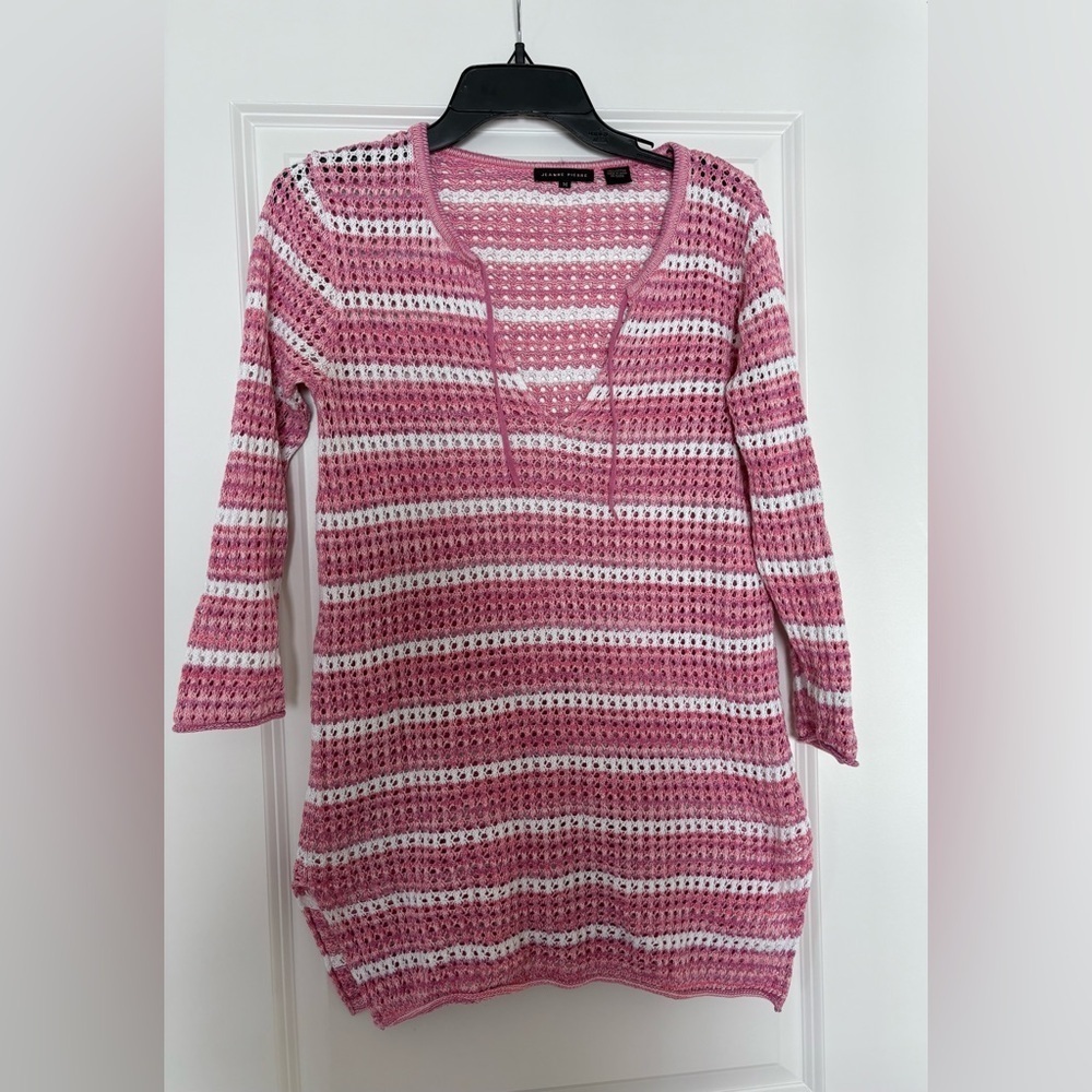 Jeanne Pierre 100% cotton crochet pink and white striped beach coverup medium
